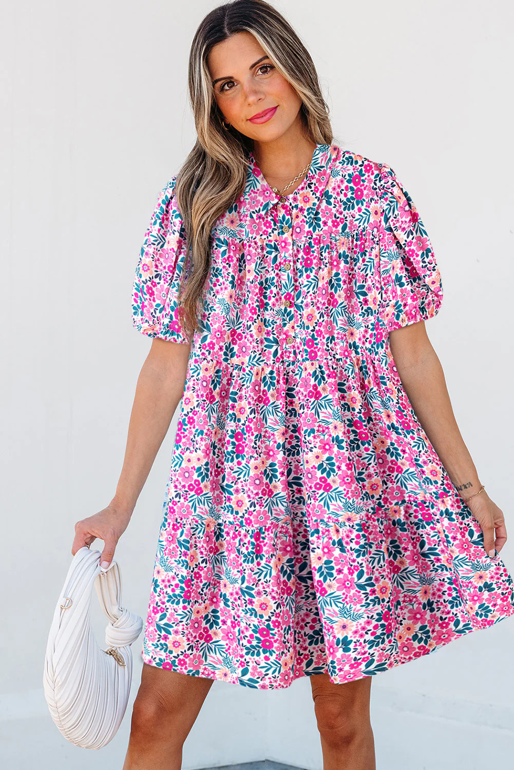 Pink Floral Collared Half Placket Short Sleeve Loose Dress - Image 3