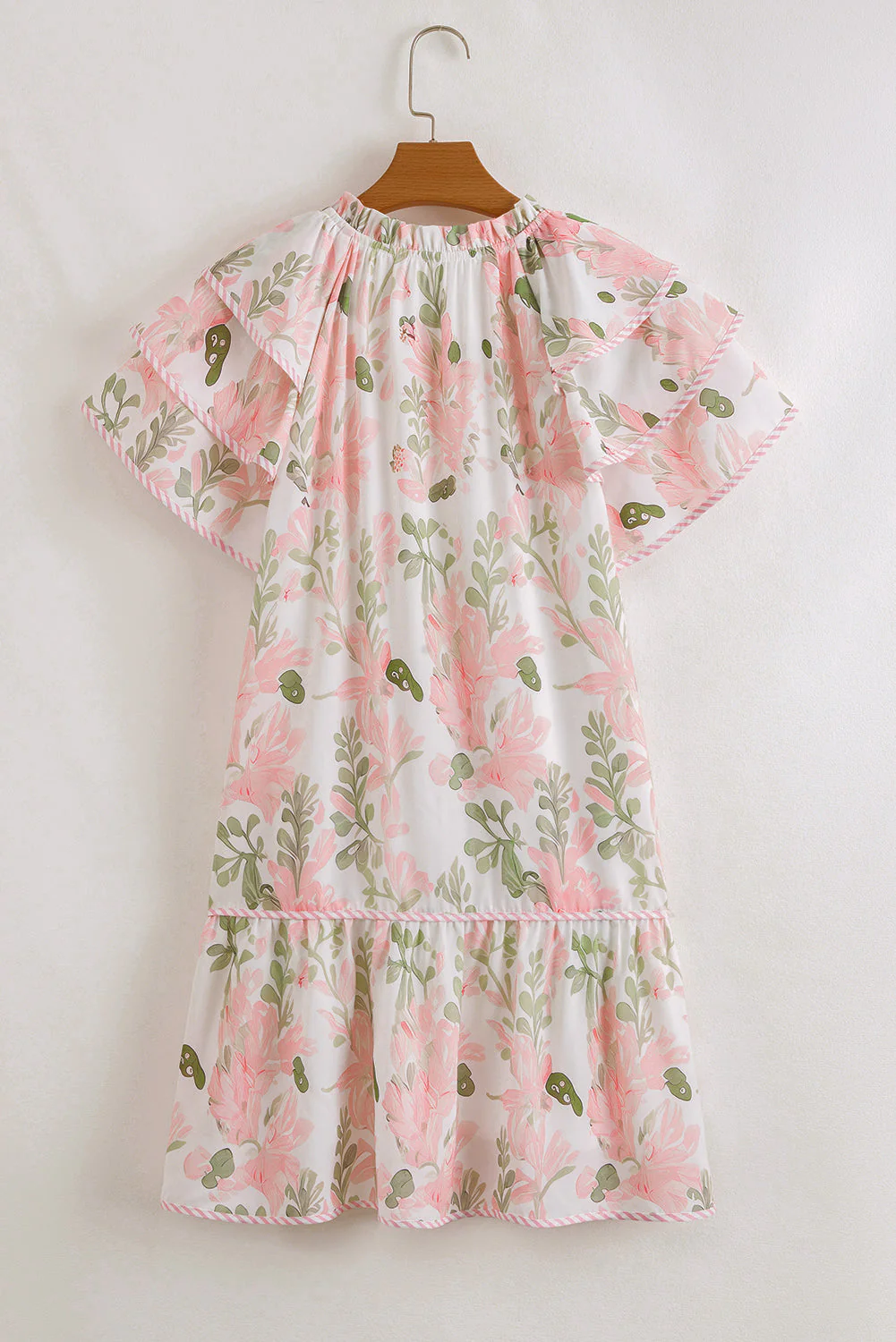 Pink Floral Contrast Edge Ruffle Sleeve Tie Neck Mini Dress - Image 4
