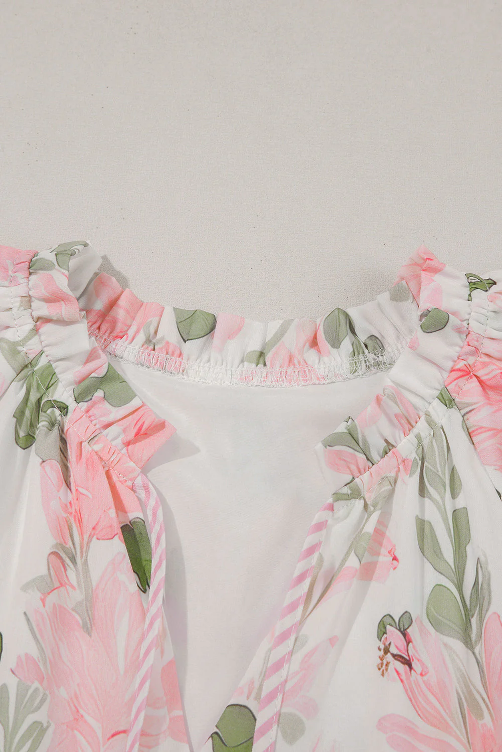 Pink Floral Contrast Edge Ruffle Sleeve Tie Neck Mini Dress - Image 5