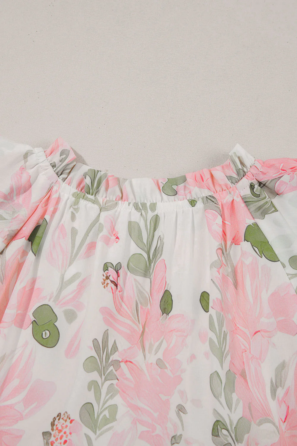 Pink Floral Contrast Edge Ruffle Sleeve Tie Neck Mini Dress - Image 7
