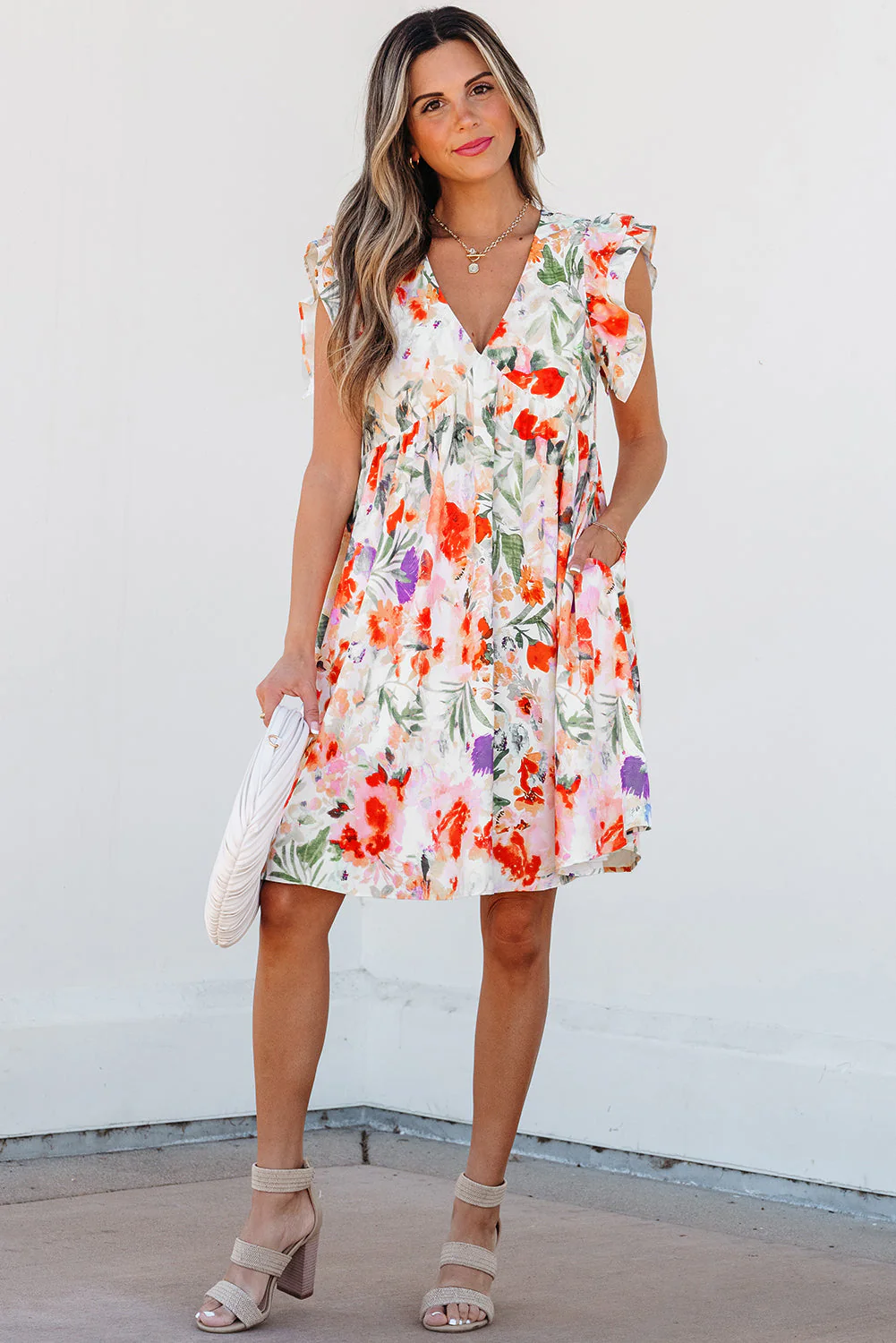 Pink Floral Double Ruffle Sleeve V Neck High Waist Mini Dress - Image 5