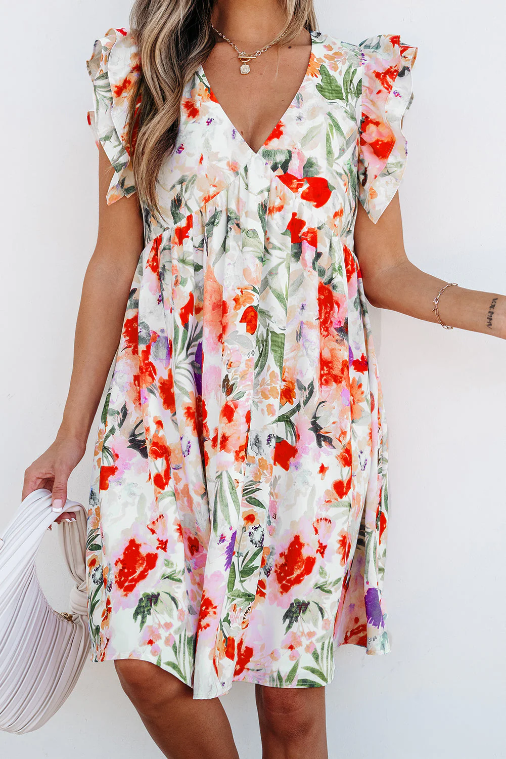 Pink Floral Double Ruffle Sleeve V Neck High Waist Mini Dress - Image 6