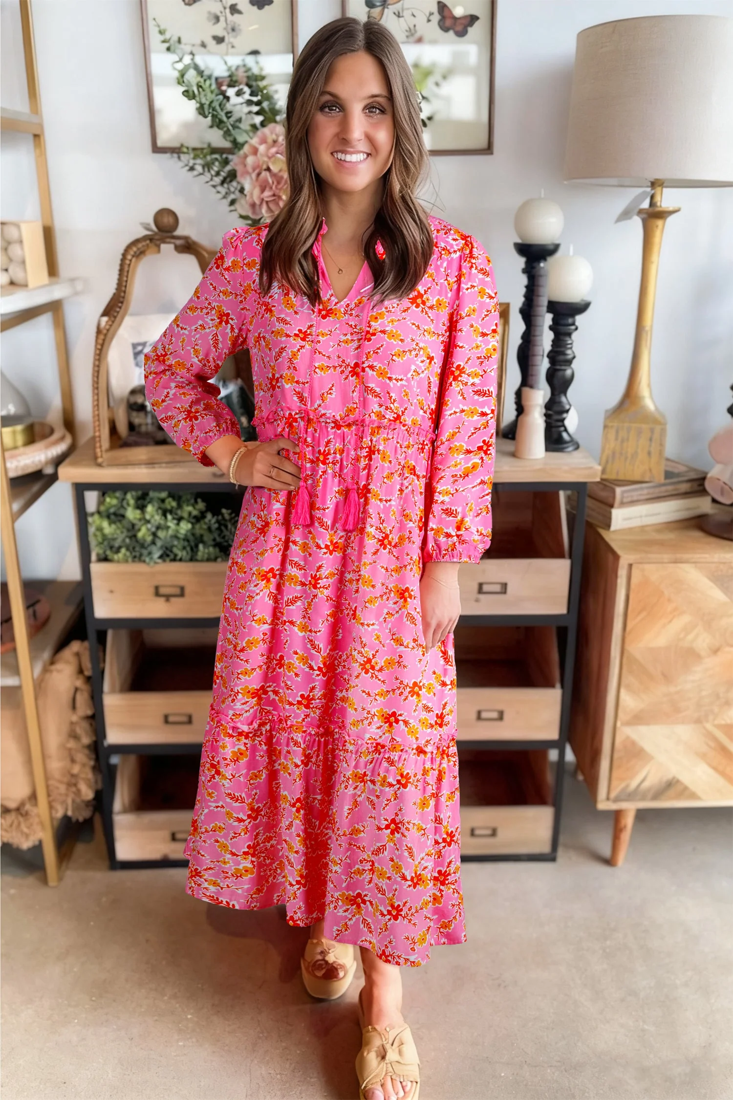 Pink Floral Long Sleeve Tassel Tied V Neck Maxi Dress - Image 2