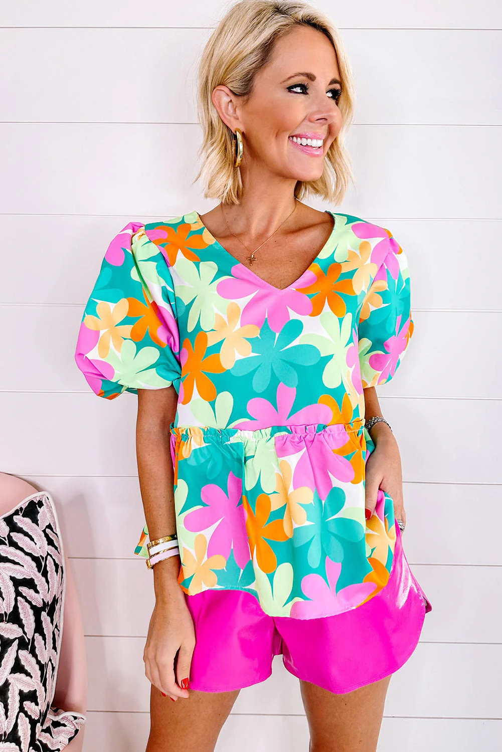 Pink Floral Print Bubble Sleeve V Neck Peplum Blouse - Image 4