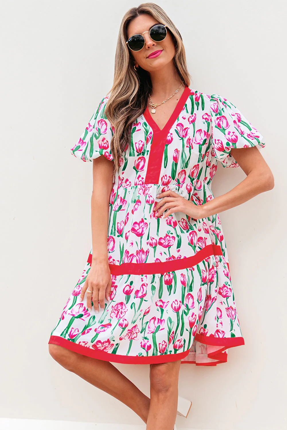 Pink Floral Print Contrast Trim V Neck Bubble Short Sleeve Babydoll Dress - Image 17