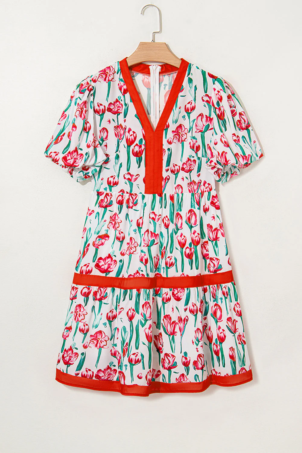 Pink Floral Print Contrast Trim V Neck Bubble Short Sleeve Babydoll Dress - Image 18