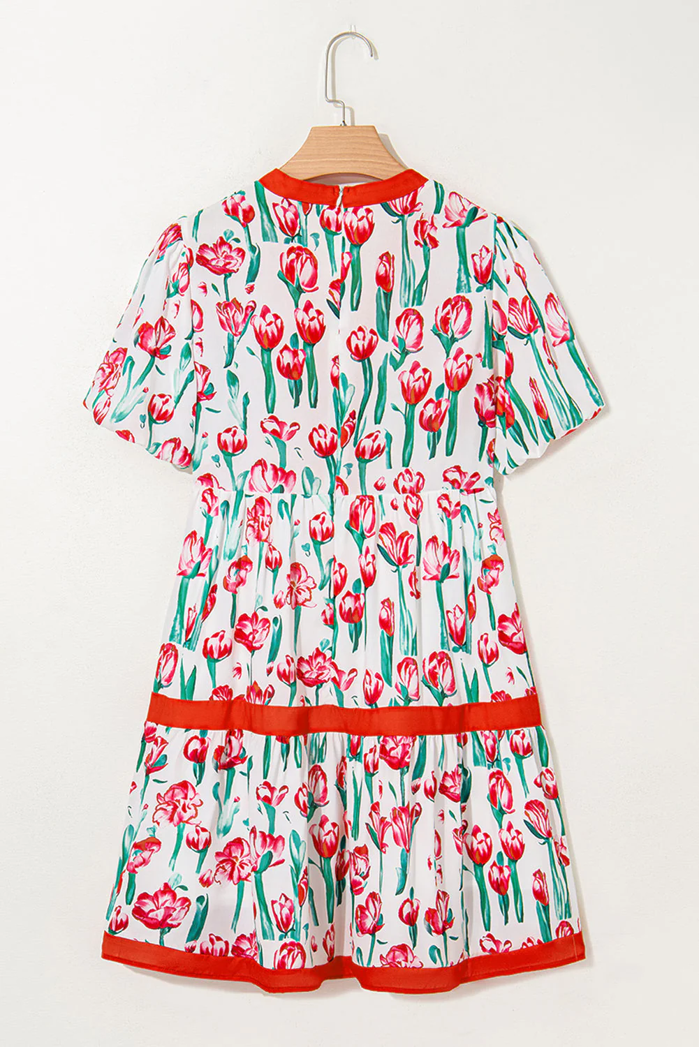 Pink Floral Print Contrast Trim V Neck Bubble Short Sleeve Babydoll Dress - Image 19