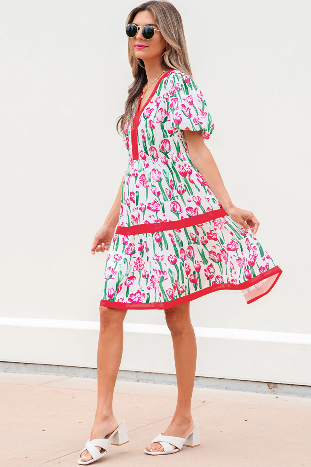 Pink Floral Print Contrast Trim V Neck Bubble Short Sleeve Babydoll Dress - Image 5