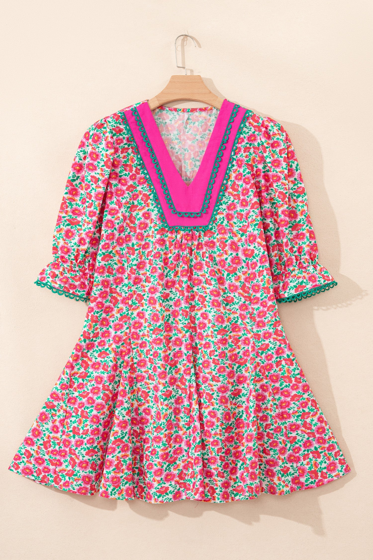 Pink Floral Print V Neck Patchwork Short Bubble Sleeve Mini Dress - Image 8