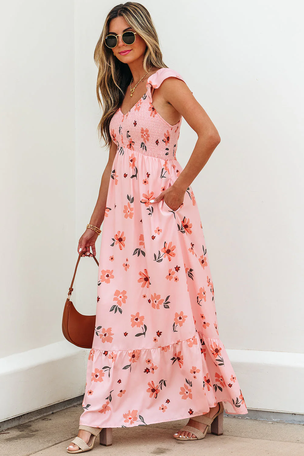 Pink Floral V Neck Smocked High Waist Ruffle Hem Long Dress - Image 11