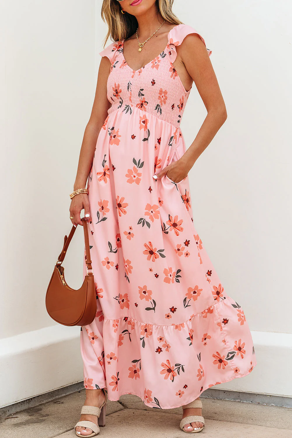 Pink Floral V Neck Smocked High Waist Ruffle Hem Long Dress - Image 12