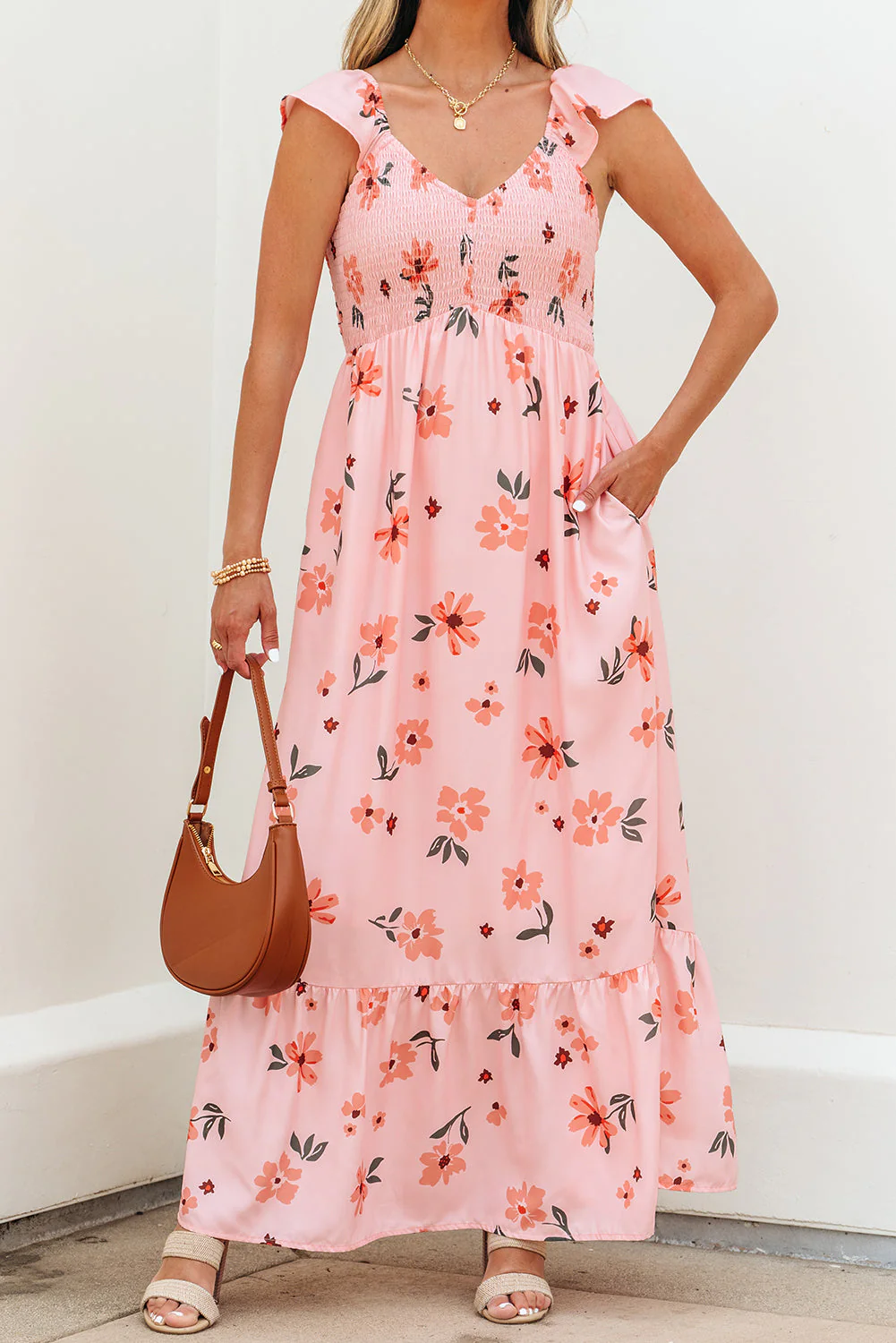 Pink Floral V Neck Smocked High Waist Ruffle Hem Long Dress - Image 14