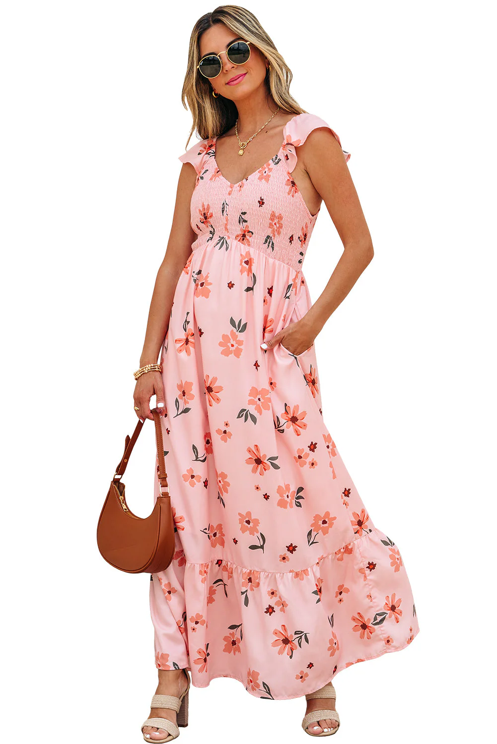 Pink Floral V Neck Smocked High Waist Ruffle Hem Long Dress - Image 16