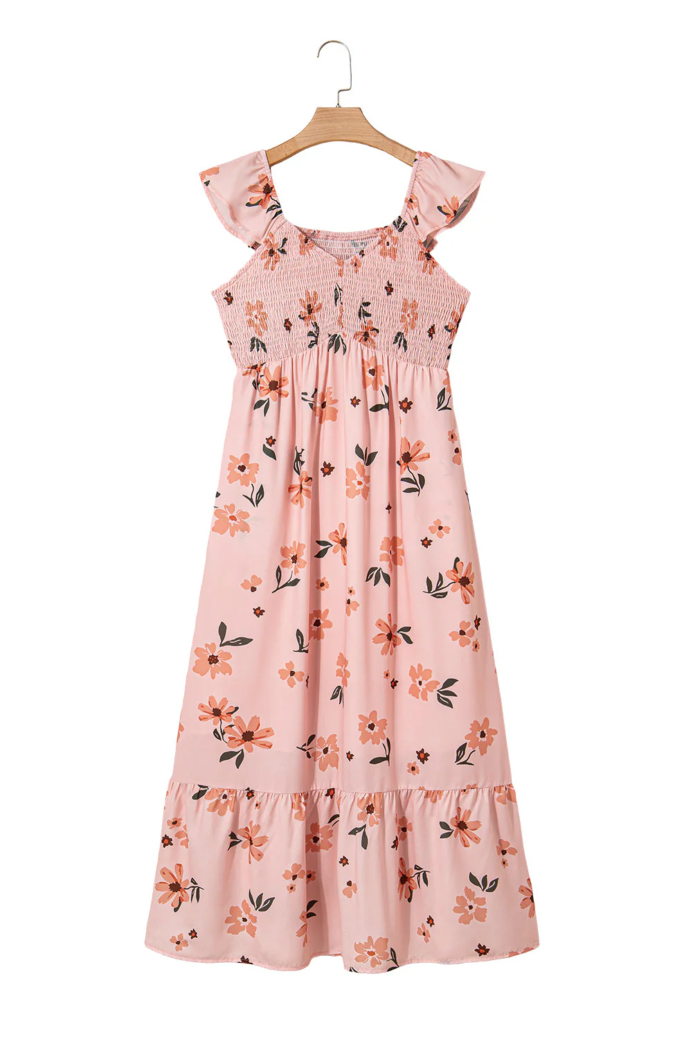 Pink Floral V Neck Smocked High Waist Ruffle Hem Long Dress - Image 17