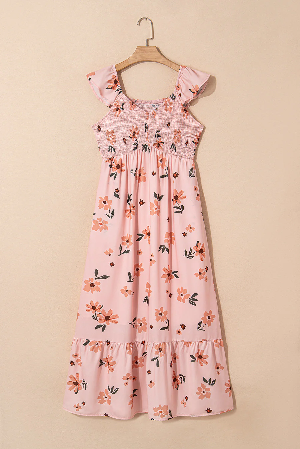 Pink Floral V Neck Smocked High Waist Ruffle Hem Long Dress - Image 3