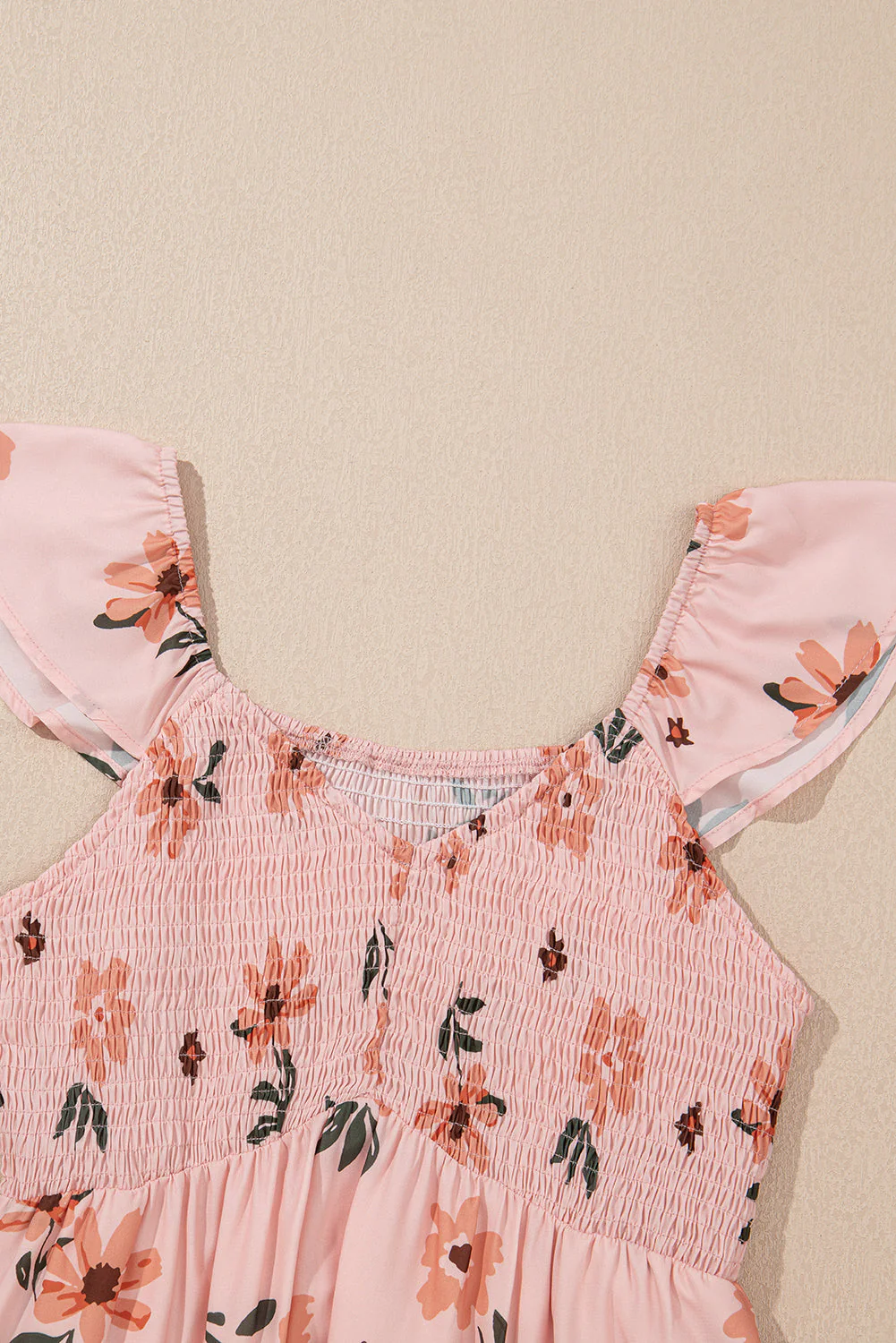 Pink Floral V Neck Smocked High Waist Ruffle Hem Long Dress - Image 5