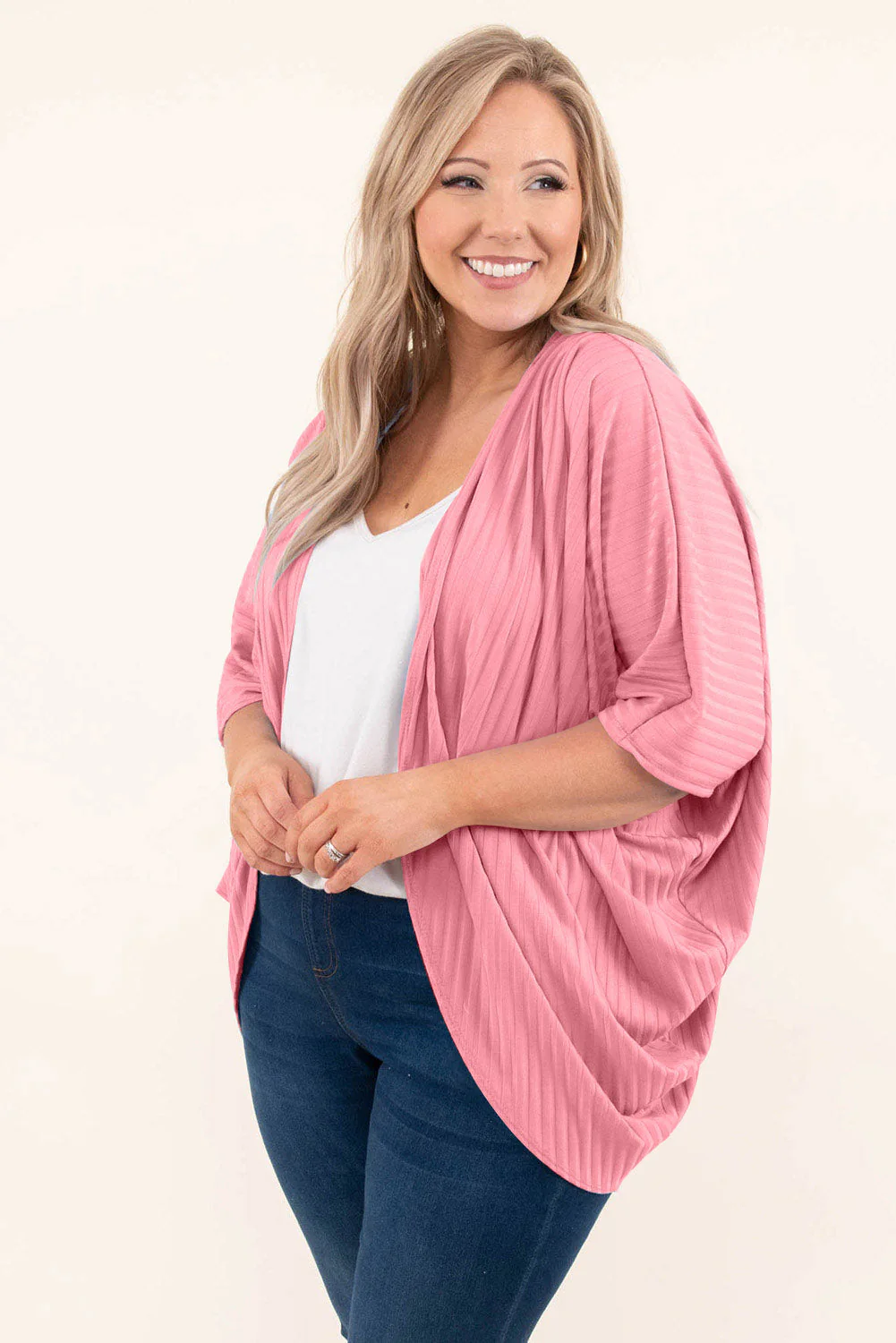 Pink Pink Pink Shimmer Ribbed Texture Plus Size Cardigan - Image 3