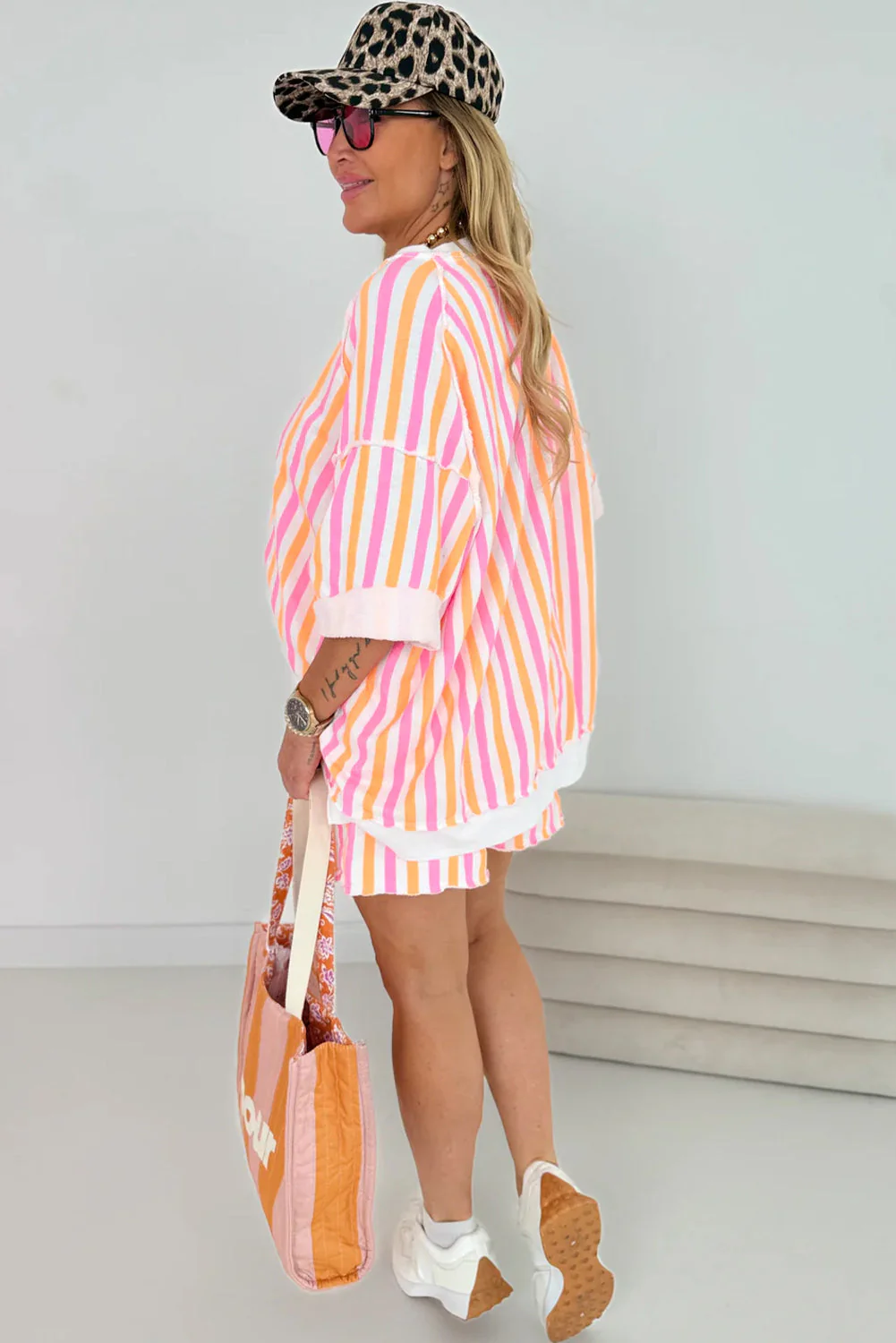 Pink Stripe Drop Shoulder Half Sleeve Loose Tee and Shorts Casual Set - Image 2