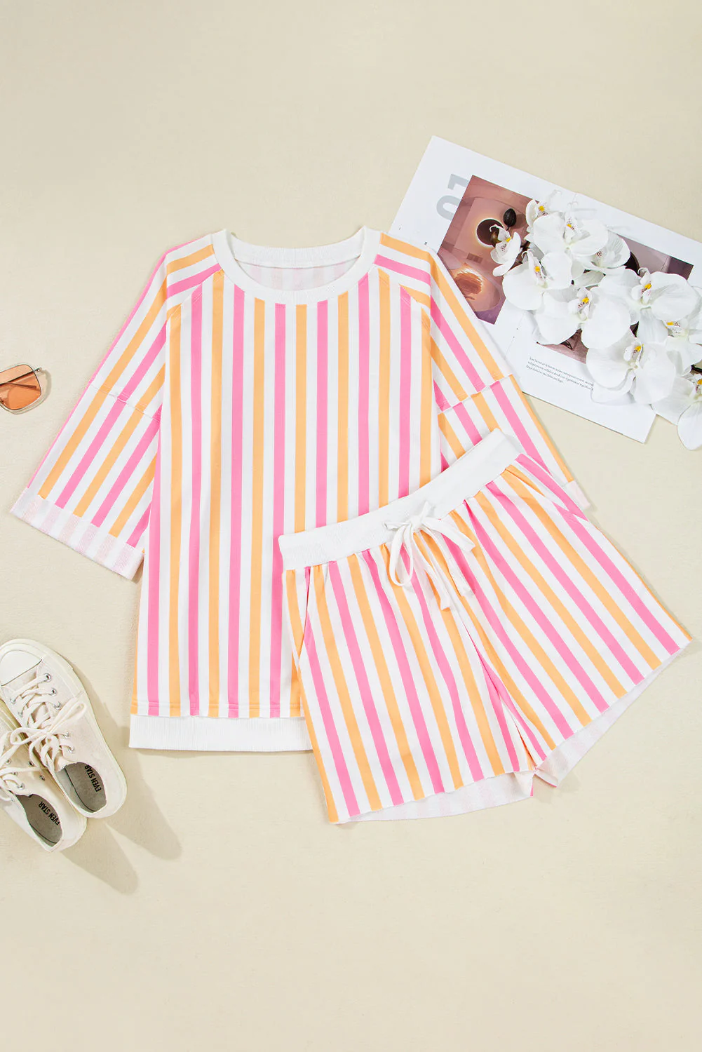 Pink Stripe Drop Shoulder Half Sleeve Loose Tee and Shorts Casual Set - Image 6