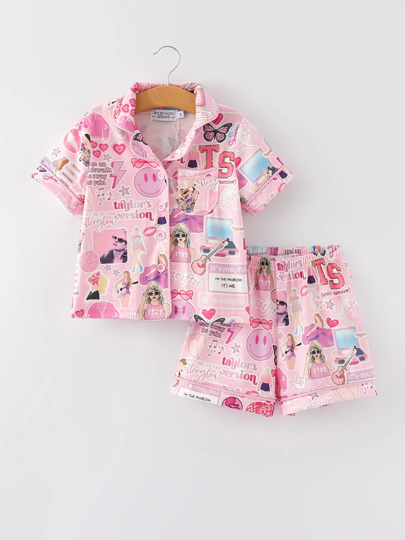 Pink TS Lapel Button Short Sleeve Shorts Pajama Set - Image 4