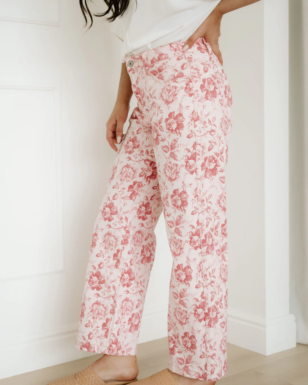 Pink Vintage Floral Print Denim Shift Pants - Image 6