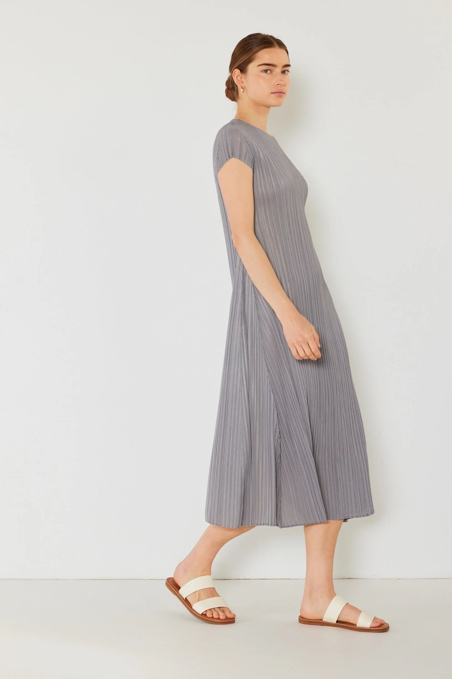 Marina West Pleated Cap Sleeve A-Line Midi Dress (D01CS) - Gray - Image 2