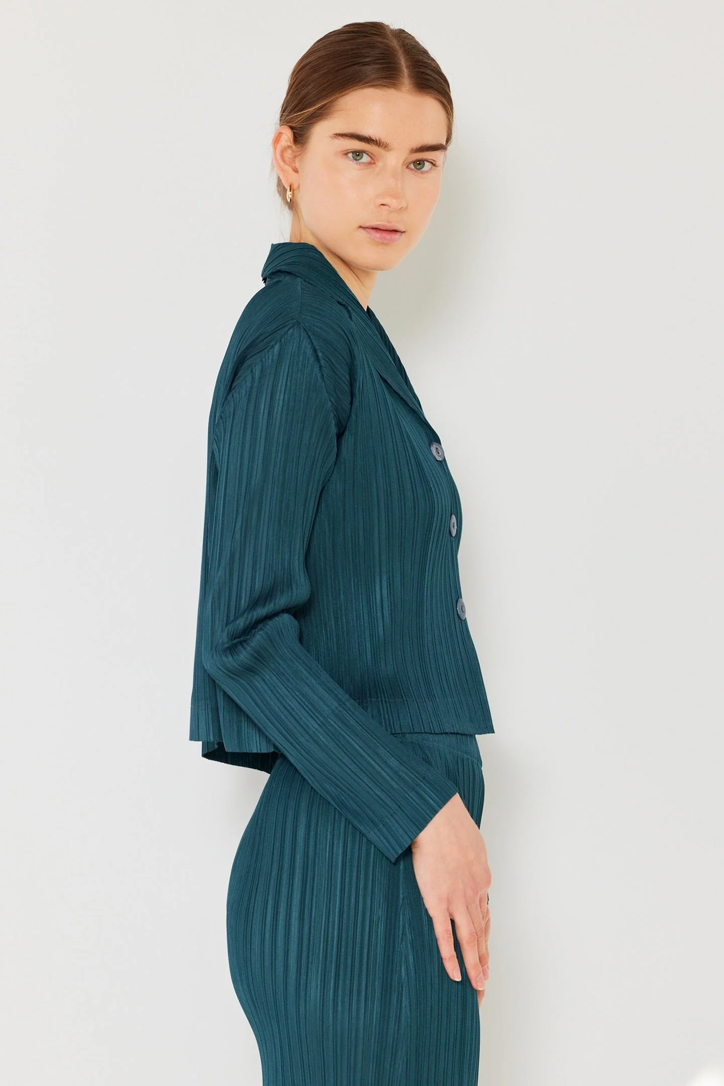 Marina West Pleated Cropped Button-Up Top (J03CR) - Deep Green - Image 4