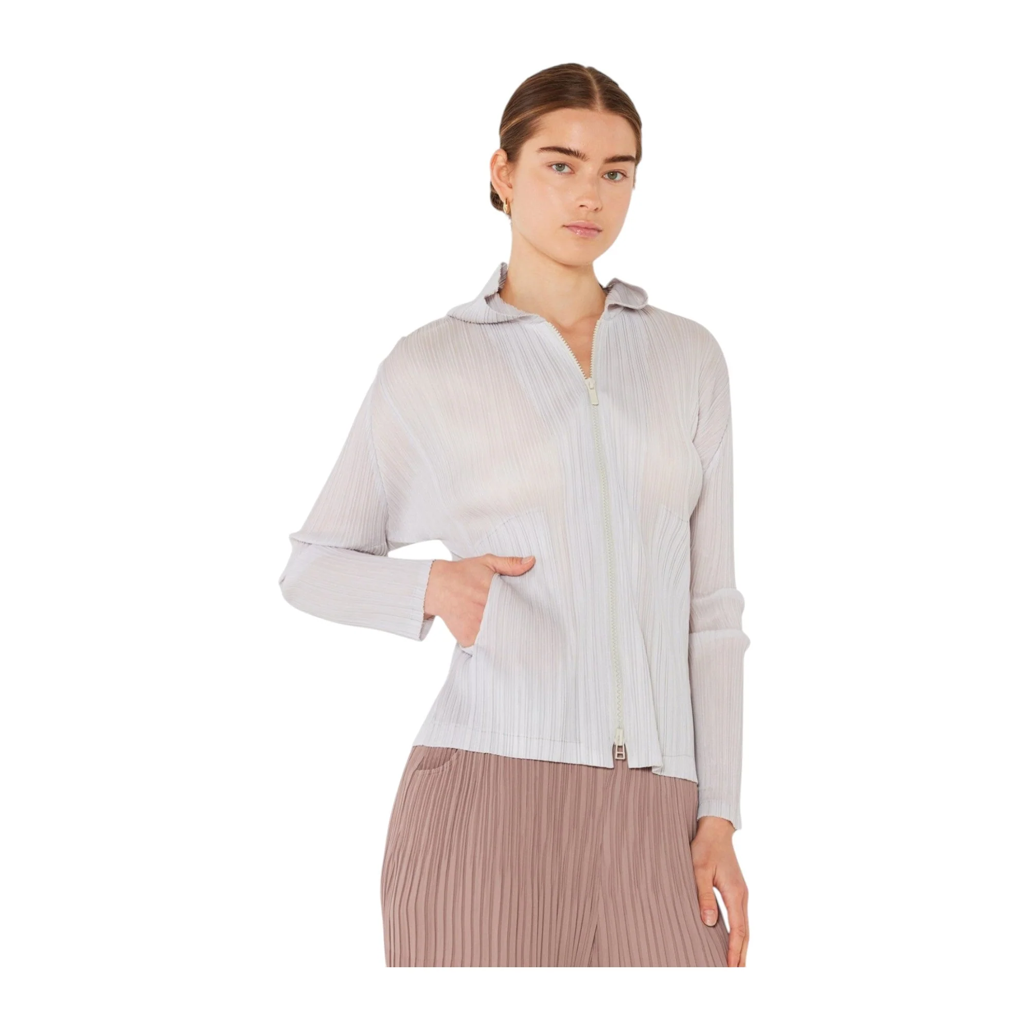 Marina West Pleated Jacket with Two-Way Zipper (J01HD) - Light Gray