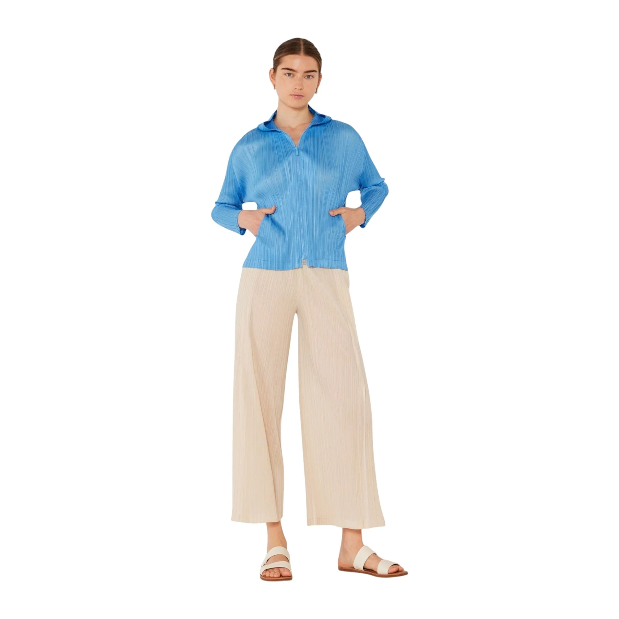 Marina West Pleated Jacket with Two-Way Zipper (J01HD) - Pastel Blue
