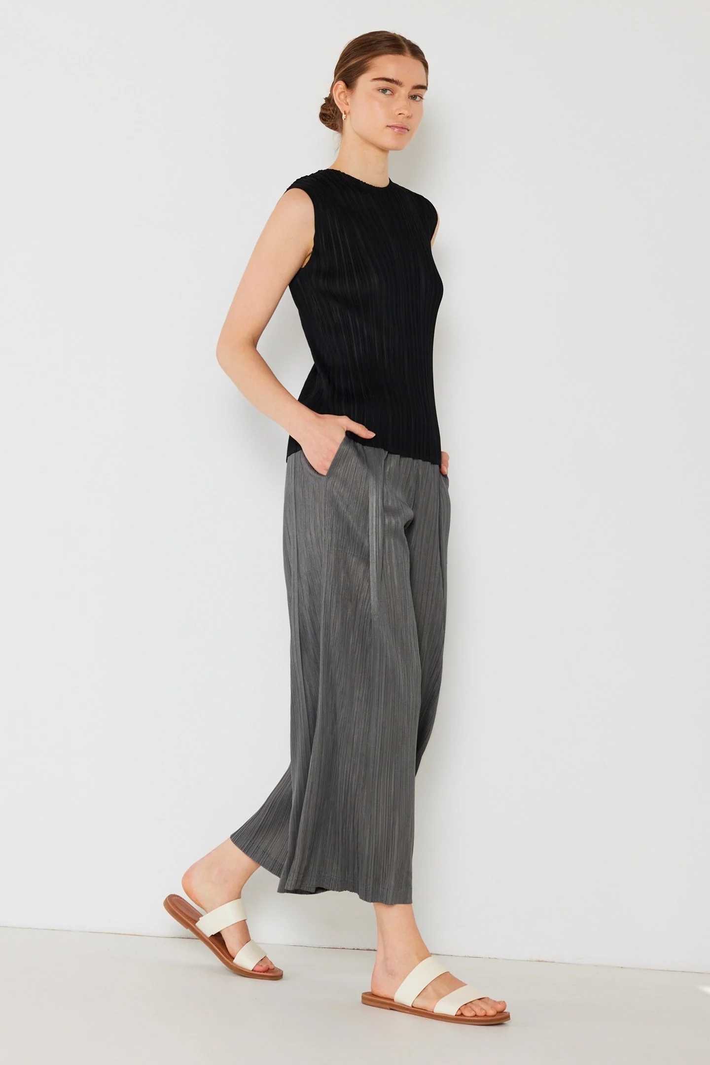 Marina West Pleated Wide-Leg Cropped Pants with Side Pleat (P03WP) - Dark Gray - Image 2