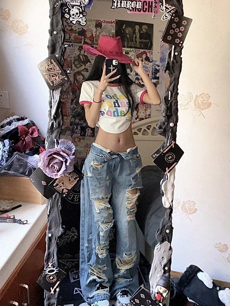 Plus Size American High Street Wide Leg Ripped Denim Women's Summer Retro High Waist Straight-leg Loose Mop Pants Pants - Image 11