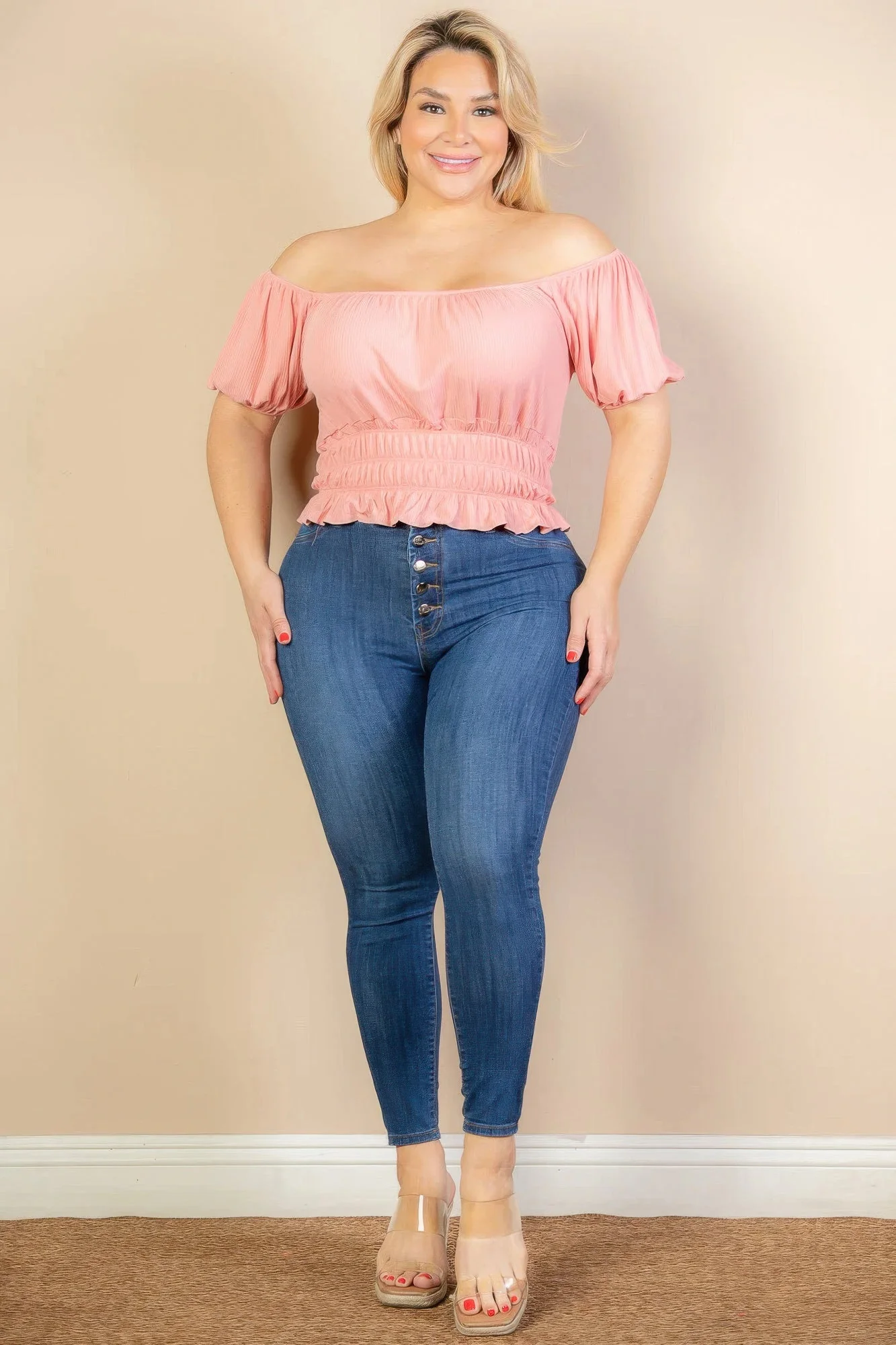 Plus size casual ruched puff sleeve ribbed knit solid top - Image 2