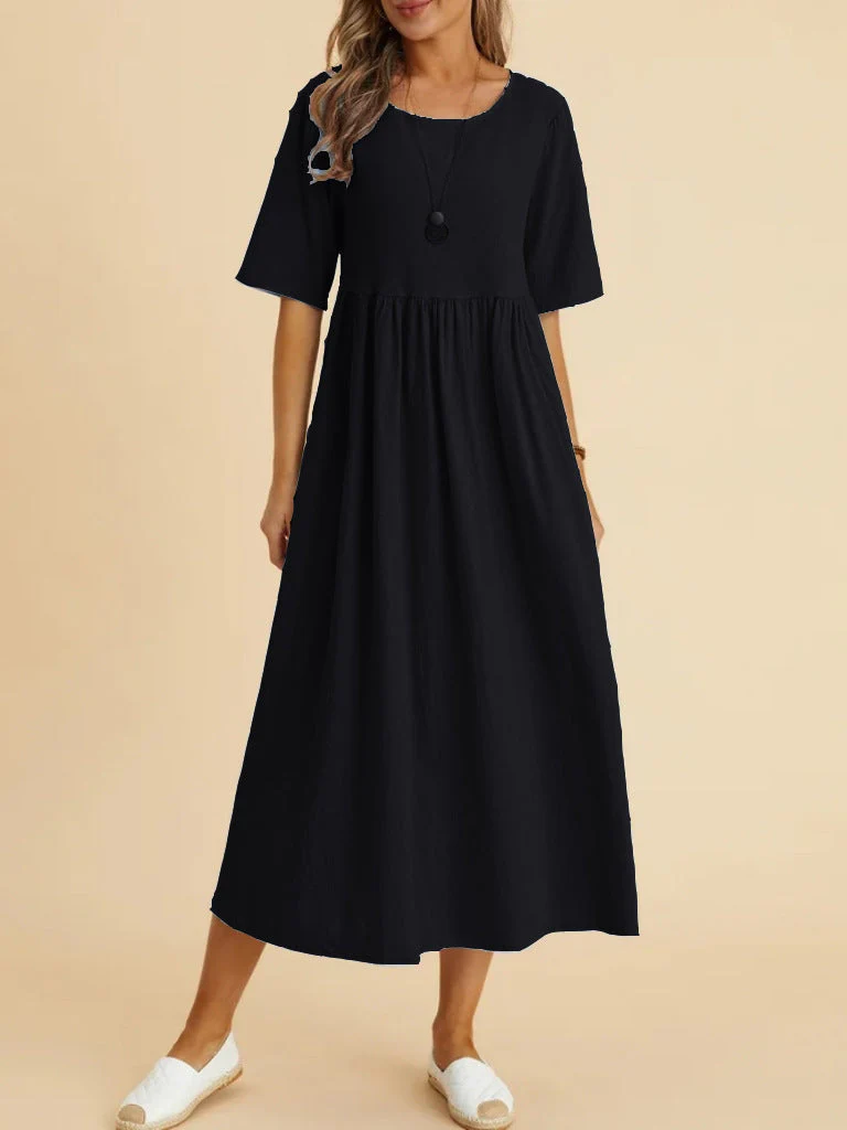 Plus Size Cotton Linen Midi Dress | Round Neck Pocket Dress - Image 3