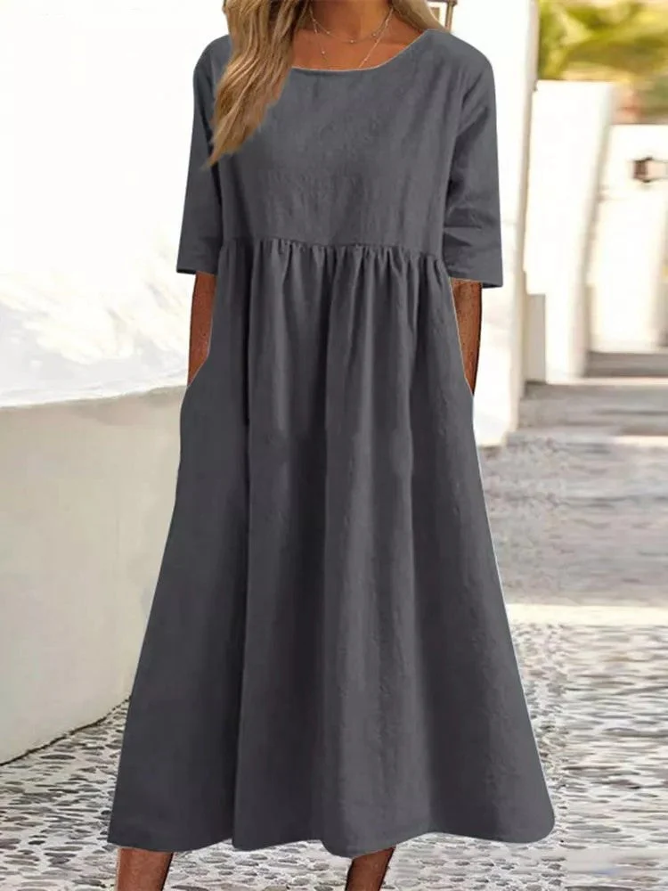Plus Size Cotton Linen Midi Dress | Round Neck Pocket Dress - Image 4