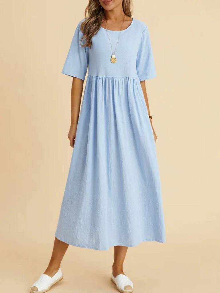 Plus Size Cotton Linen Midi Dress | Round Neck Pocket Dress - Image 5