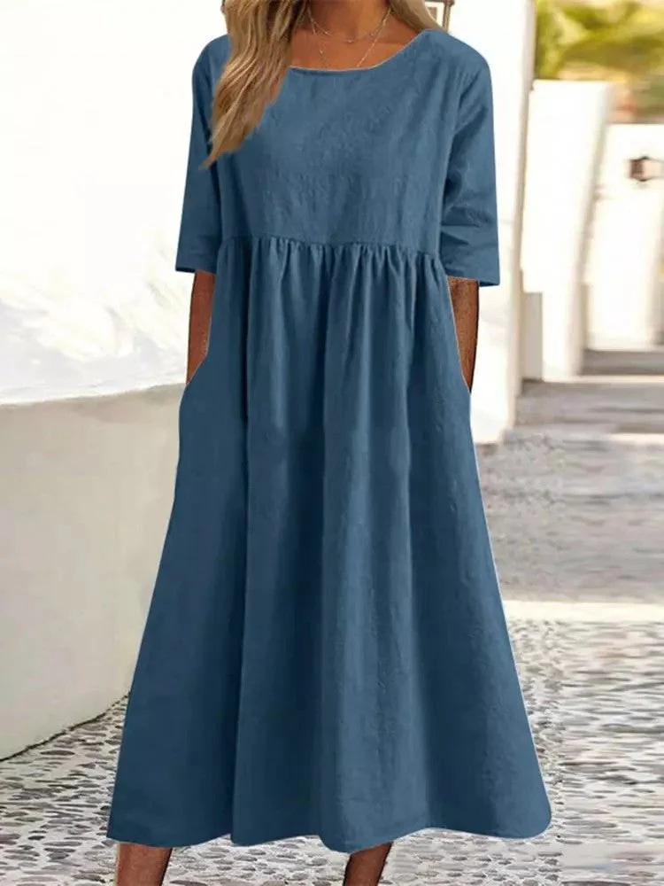 Plus Size Cotton Linen Midi Dress | Round Neck Pocket Dress - Image 7
