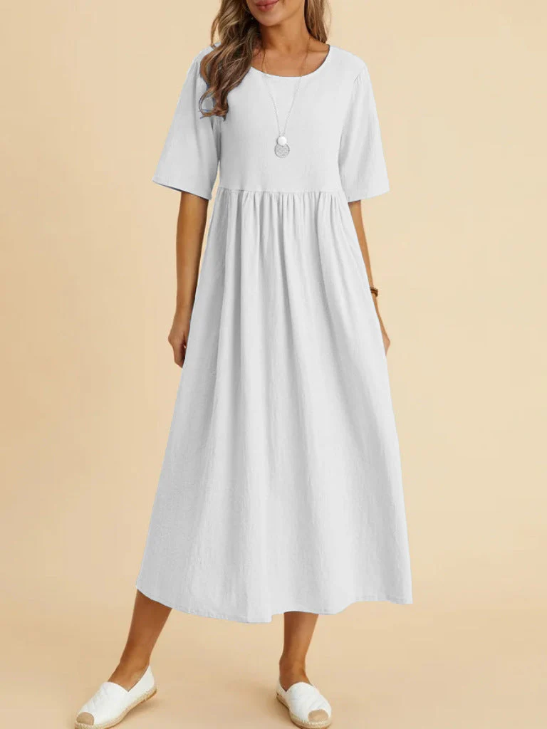 Plus Size Cotton Linen Midi Dress | Round Neck Pocket Dress - Image 8