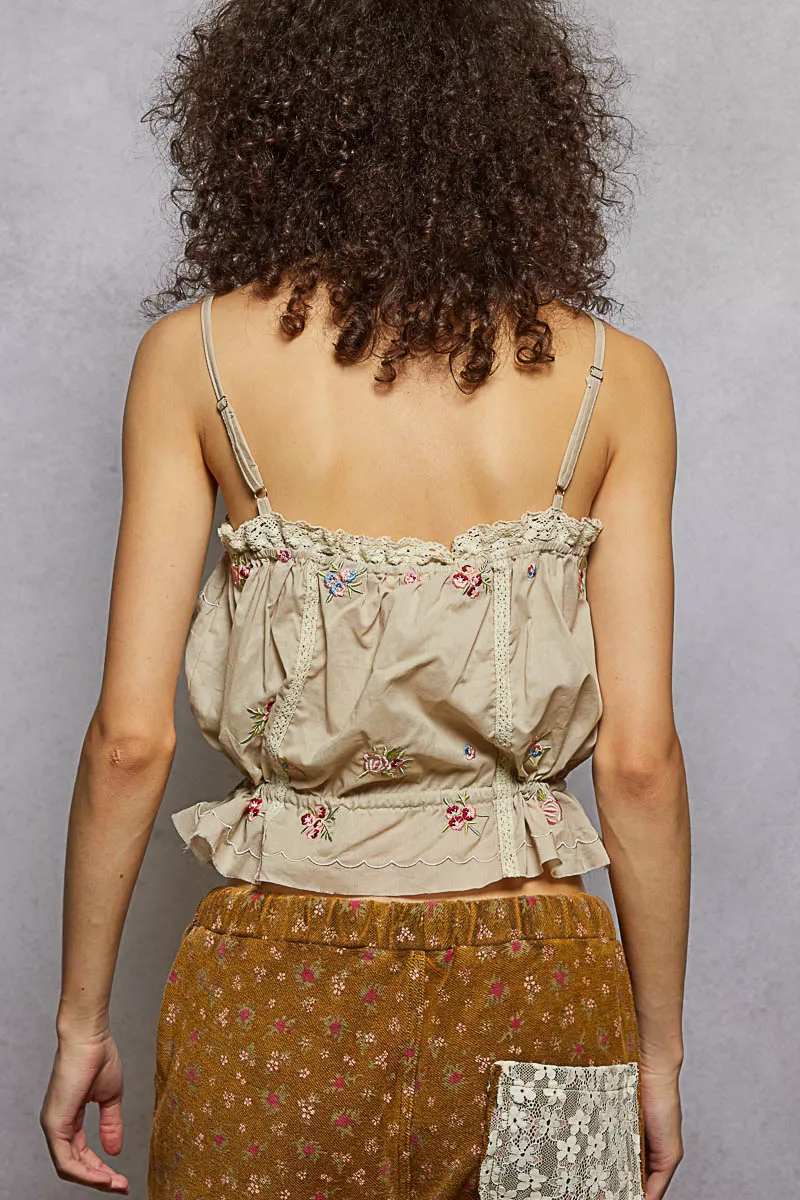 POL Button Down Floral Embroidered Cropped Cami with Lace Detail - Image 4
