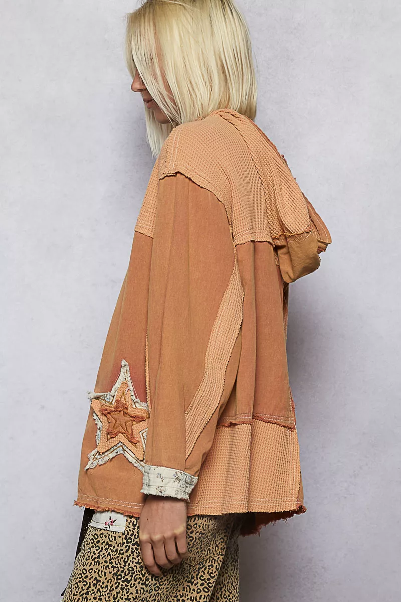 POL Button Down Hooded Jacket with Star Patch Pattern - Image 3