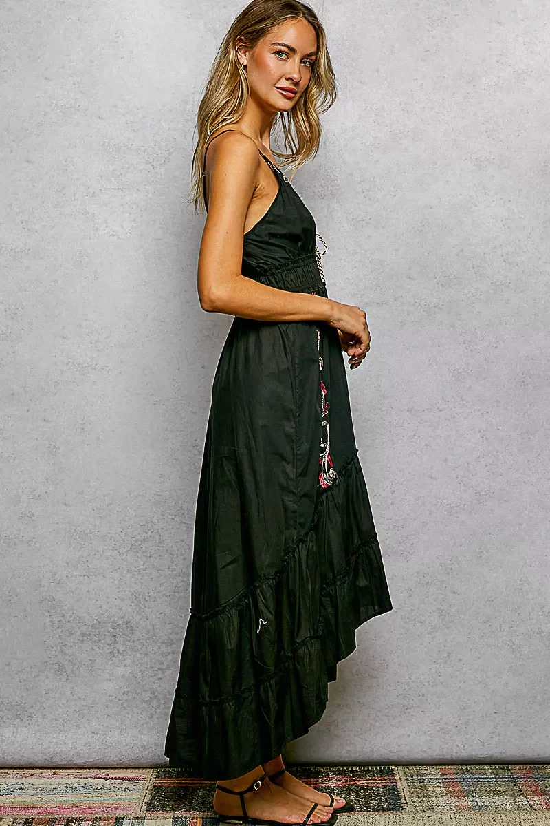 POL Embroidered Detail Tassel Tie Smocked Waist Midi Tiered Cami Dress - Image 4