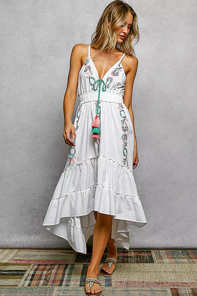 POL Embroidered Detail Tassel Tie Smocked Waist Midi Tiered Cami Dress - Image 3