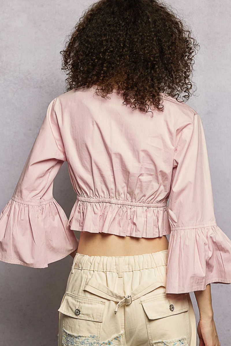 POL Floral Embroidered Cropped Blouse with Flared Ruffle Sleeves - Image 4