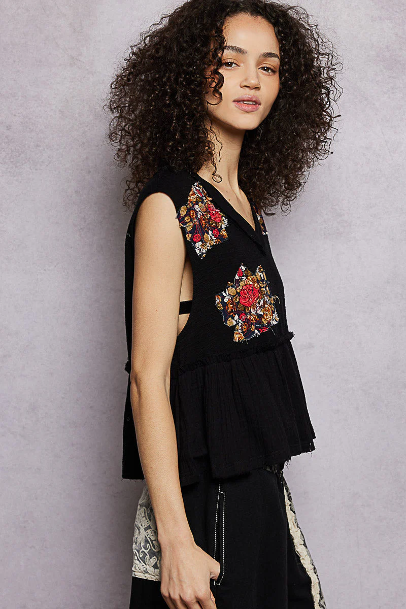 POL Floral Patch Ruffled Sleeveless Top with Raw Edge Detail - Image 3