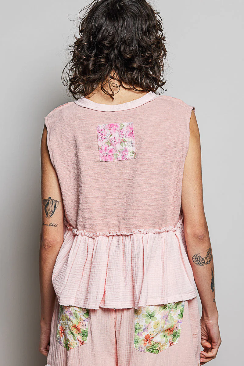 POL Floral Patch Ruffled Sleeveless Top with Raw Edge Detail in Pink - Image 4