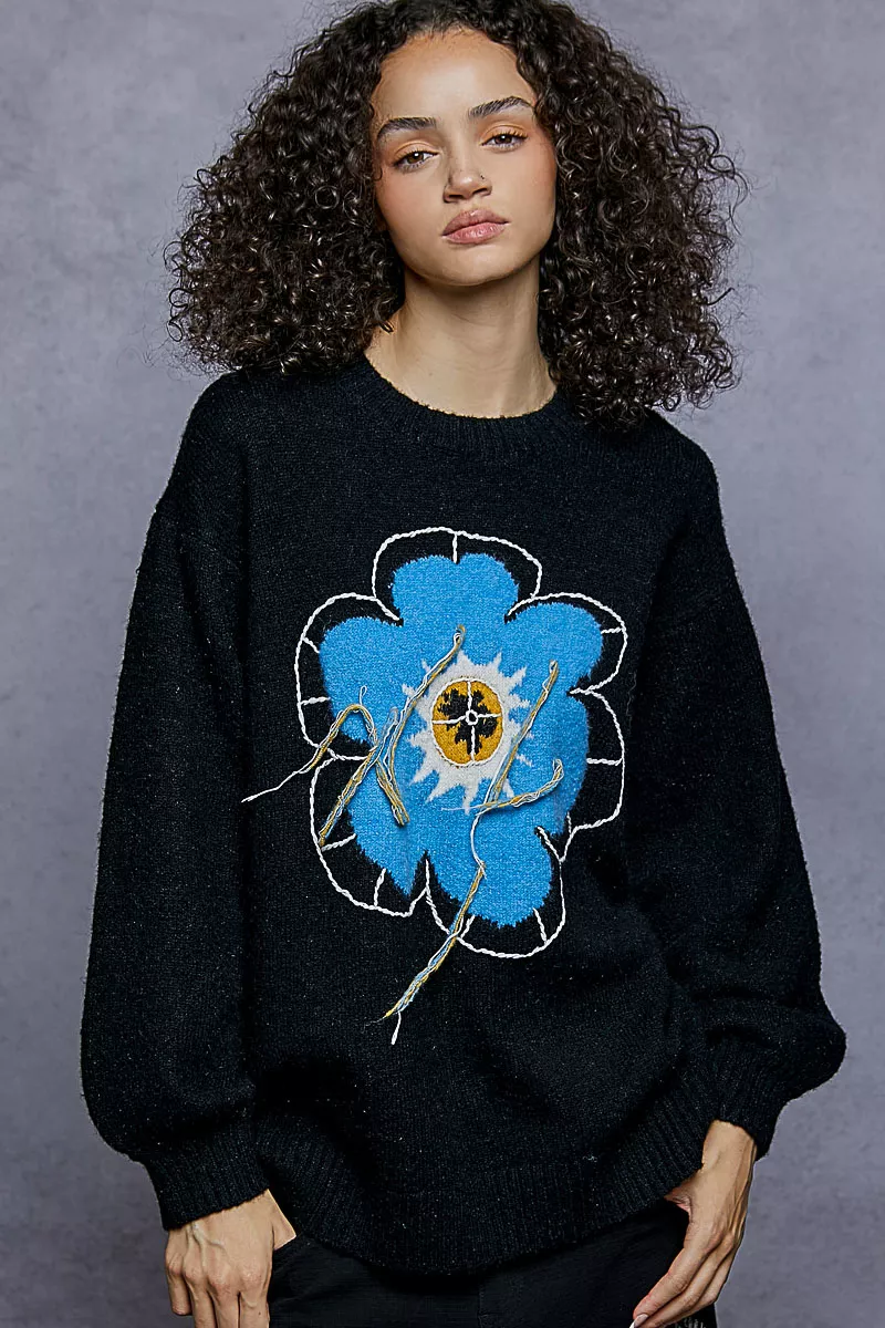 POL Floral Pattern Round Neck Sweater with Exposed Stitching - Image 3