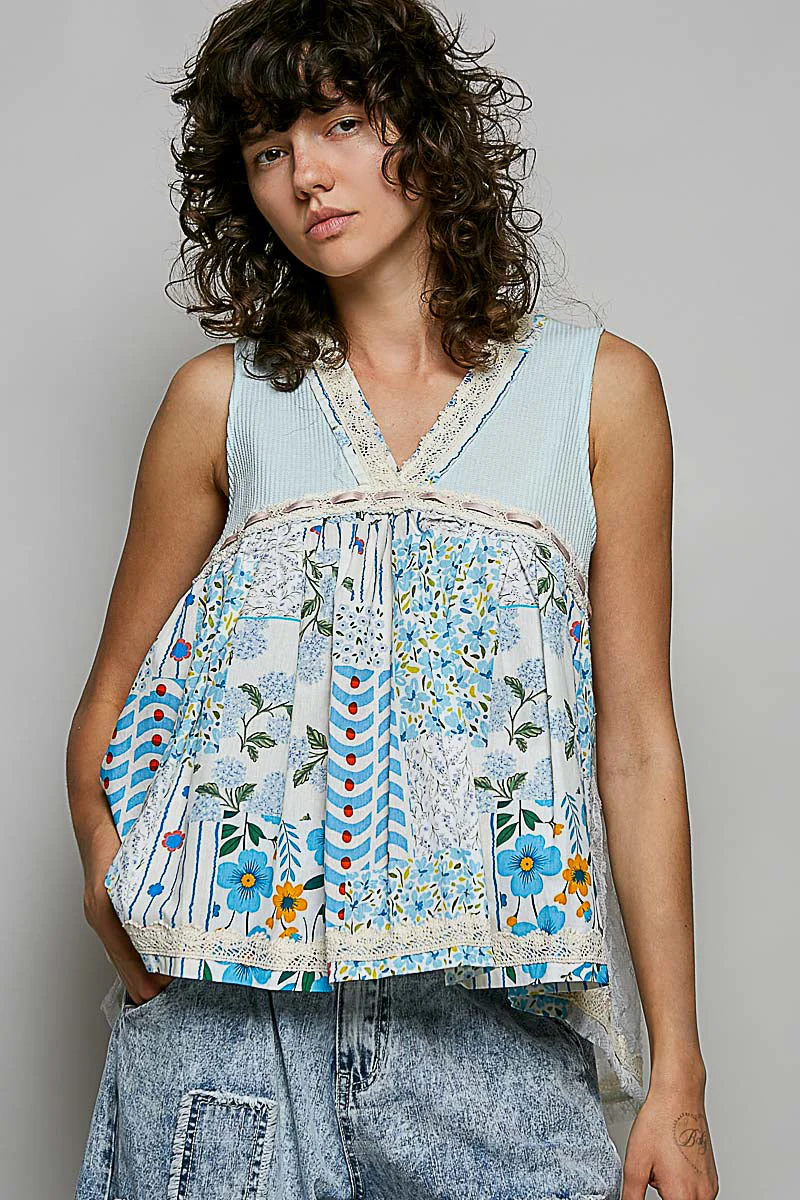 POL Floral V-Neck Sheer Tank with Lace Trim in Soda Candy - Image 2