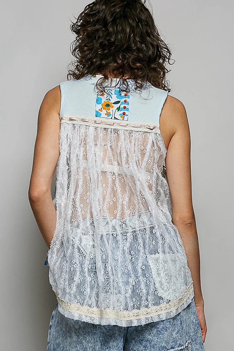 POL Floral V-Neck Sheer Tank with Lace Trim in Soda Candy - Image 4