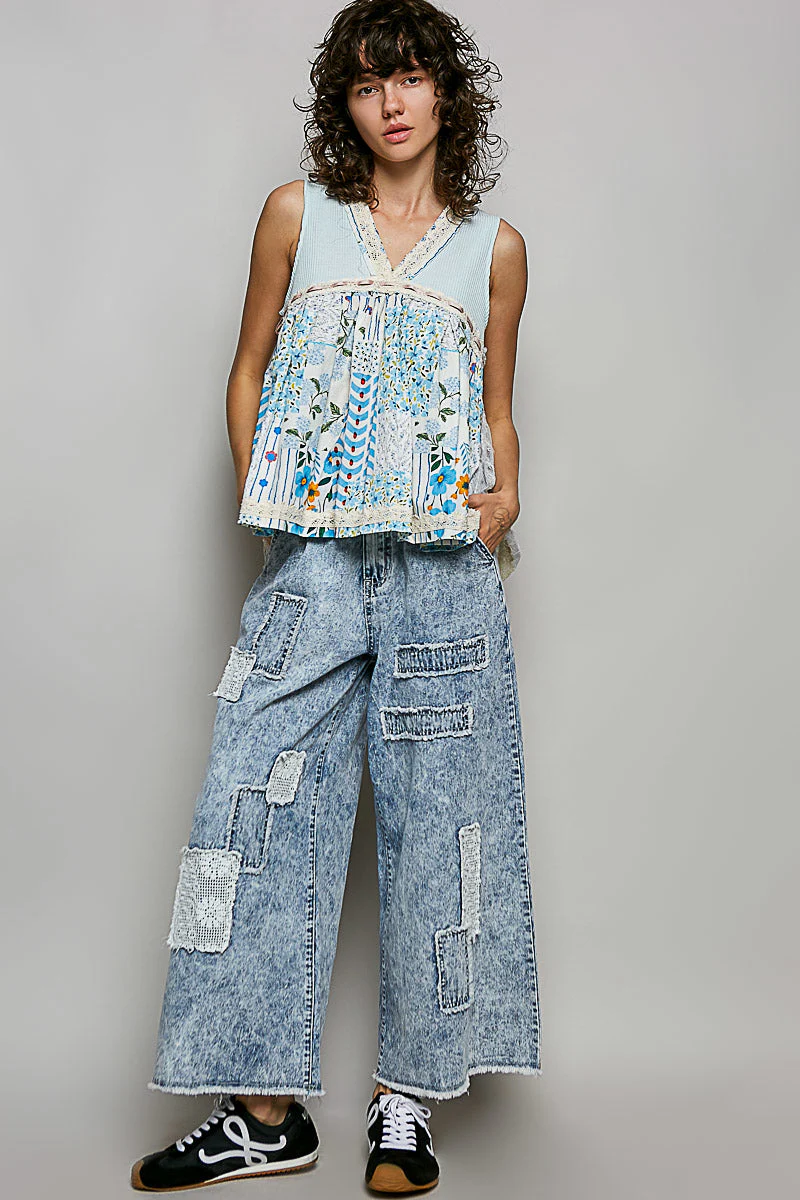 POL Floral V-Neck Sheer Tank with Lace Trim in Soda Candy - Image 5