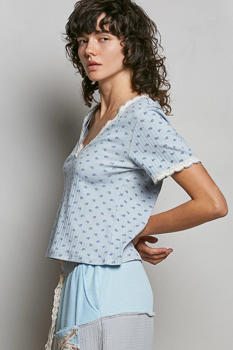 POL Floral V-Neck Short Sleeve Rib T-Shirt - Image 3