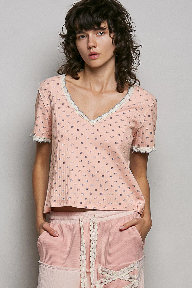 POL Floral V-Neck Short Sleeve Rib T-Shirt in Pink